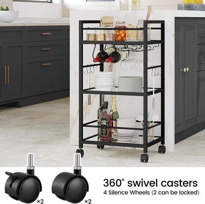 Bar Cart, Serving Cart for Home, Microwave Cart, Drink Cart, Mobile Kitchen Shelf with Wine Rack and Glass Holder, Rolling Beverage Cart for Dining Room, Black
