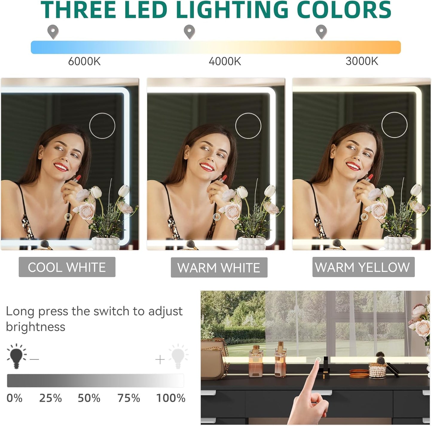 46'' Vanity Desk with Large LED Lighted Mirror & Charging Ports, 11-Drawer Makeup Table Set with Storage Stool for Dressing Room, 3 Lighting Modes Brightness Adjustable, Black Finish