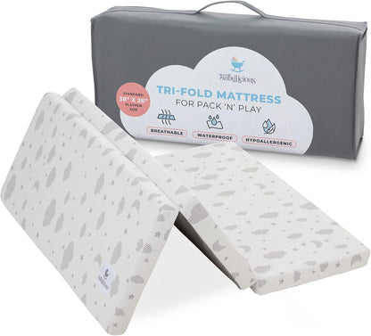 Waterproof Pack and Play Mattress Topper | 38" X 26" X 1.5" | Trifold Style - Breathable Soft Plush Foam - Portable Mattress Topper- Baby Foam Mattresses for Babies
