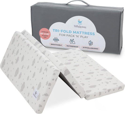 Waterproof Pack and Play Mattress Topper | 38" X 26" X 1.5" | Trifold Style - Breathable Soft Plush Foam - Portable Mattress Topper- Baby Foam Mattresses for Babies