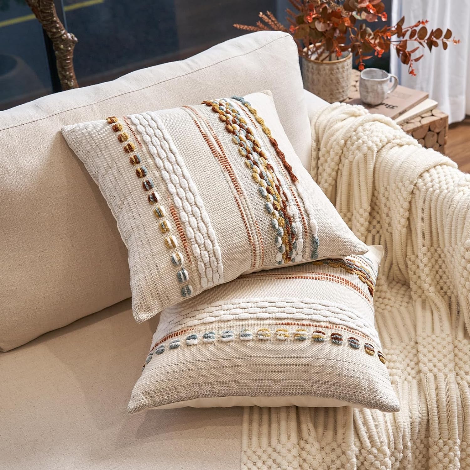 Boho Throw Pillow Covers 18X18 Inch Set of 2, Farmhouse Decorative Striped Square Pillow Covers Chenille Tufted Pillow Cases Accent Neutral Pillowcase for Living Room Couch Bed, Orange White