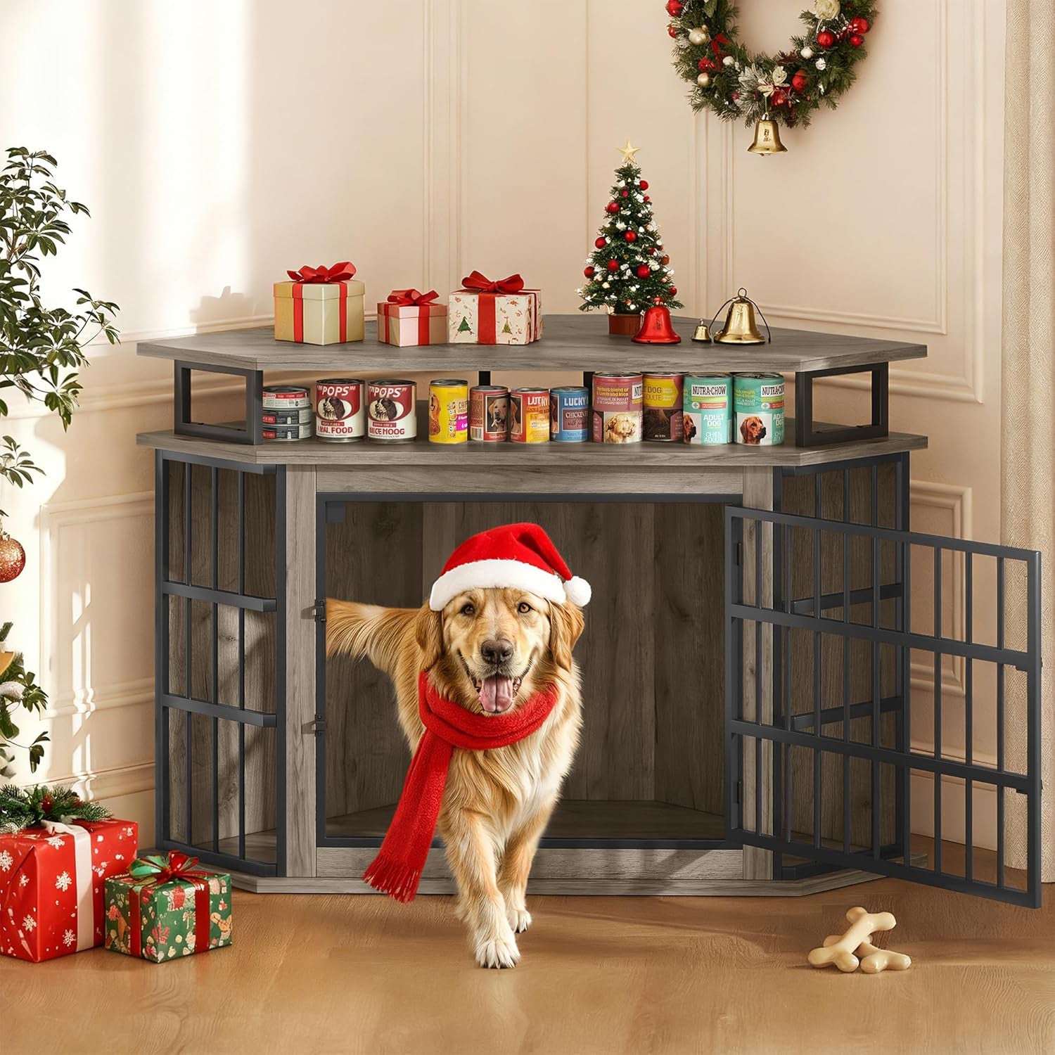 Corner Dog Crate Furniture with 2-Tier Shelves，51" Large Dog Kennel Indoor Wooden TV Stand, Modern Dog Cage Decorative Pet House