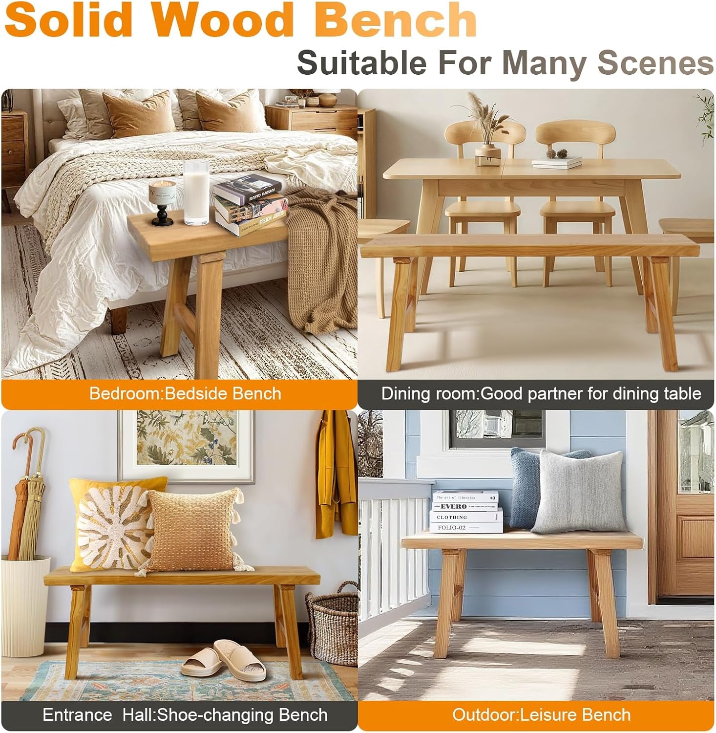 Farmhouse Solid Wood Bench: Long Rustic Indoor Narrow Wooden Bench for Entryway,Living Room, Dining Room,End of Bed,Hallway (47" Lx10 Wx18 H)
