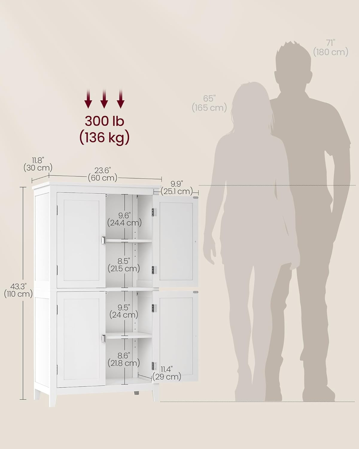 Floor Storage Cabinet, Freestanding Storage Unit with 4 Doors, Adjustable Shelves, 11.8 X 23.6 X 43.3 Inches, for Entryway, Bathroom, White UBBC552P31