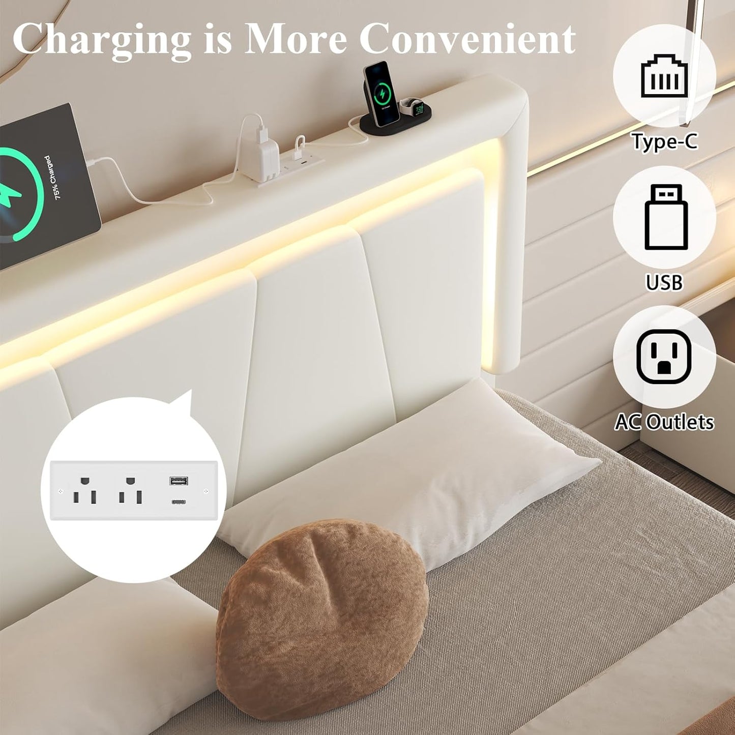 Queen Size Bed Frame with 4 Storage Drawers, Charging Station and LED Light, Adjustable Upholstered Headboard, Noise-Free, No Box Spring Needed, Easy Assembly, White