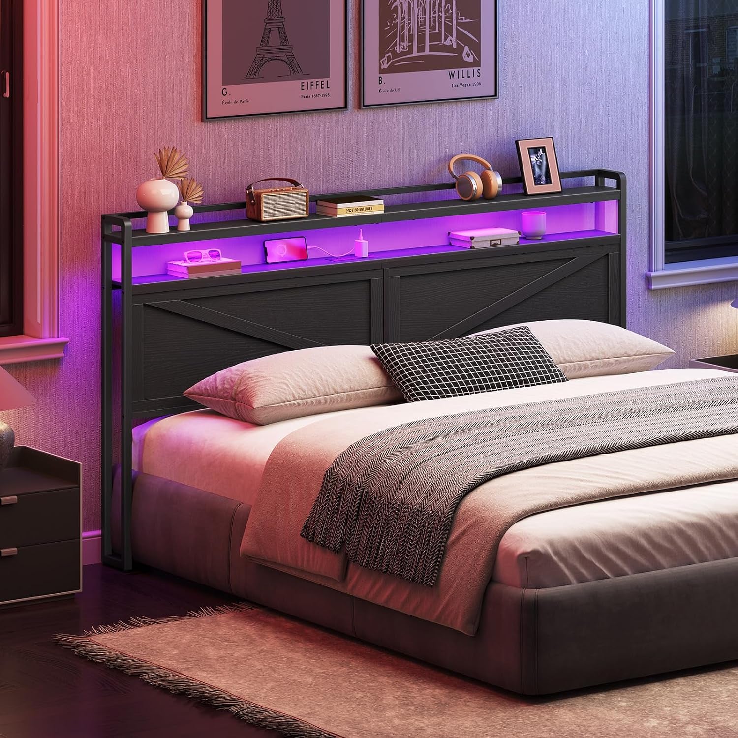 King Size Headboard, Headboard with Charging Station and LED Light Strip, 2-Tier Storage Head Board with Outlets and USB Ports, Industrial Style, for King Size Beds, Black