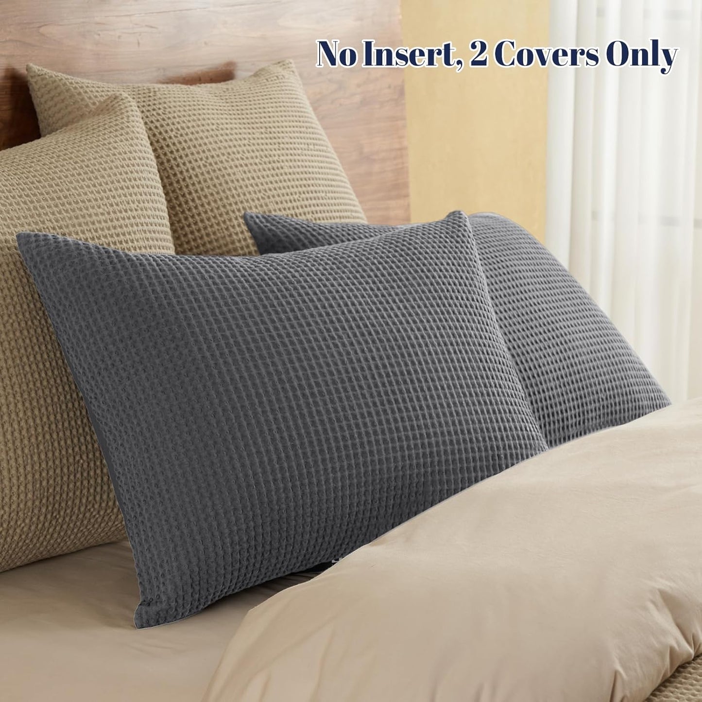 100% Cotton Waffle Pillow Shams King Size, 2 Pack 20" X 36" Soft Skin-Friendly and Breathable Pillowcases, No Filling, Aesthetic Woven Waffle Weave Pillow Covers for Bed, Charcoal Grey