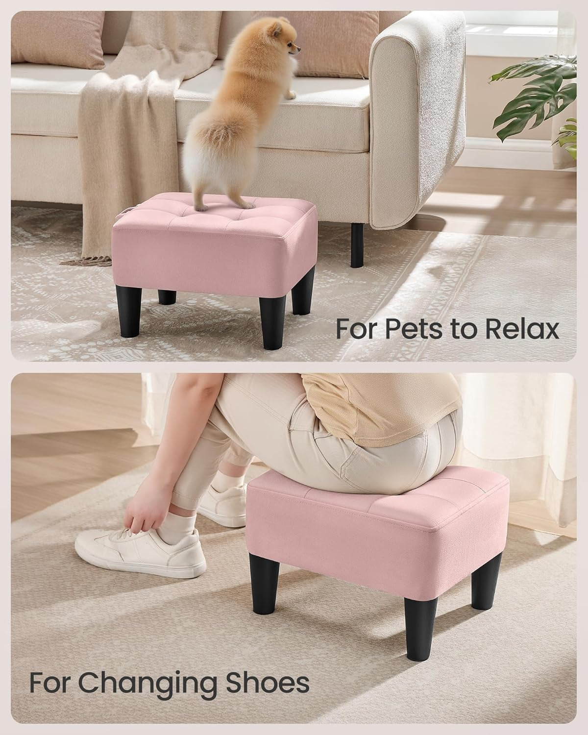 Foot Stool with Legs, Small Footstool Ottoman, Velvet Seat with Thick Cushion, for Living Room, Bedroom, Entryway, 330 Lb Weight Capacity, Jelly Pink ULOM501R01