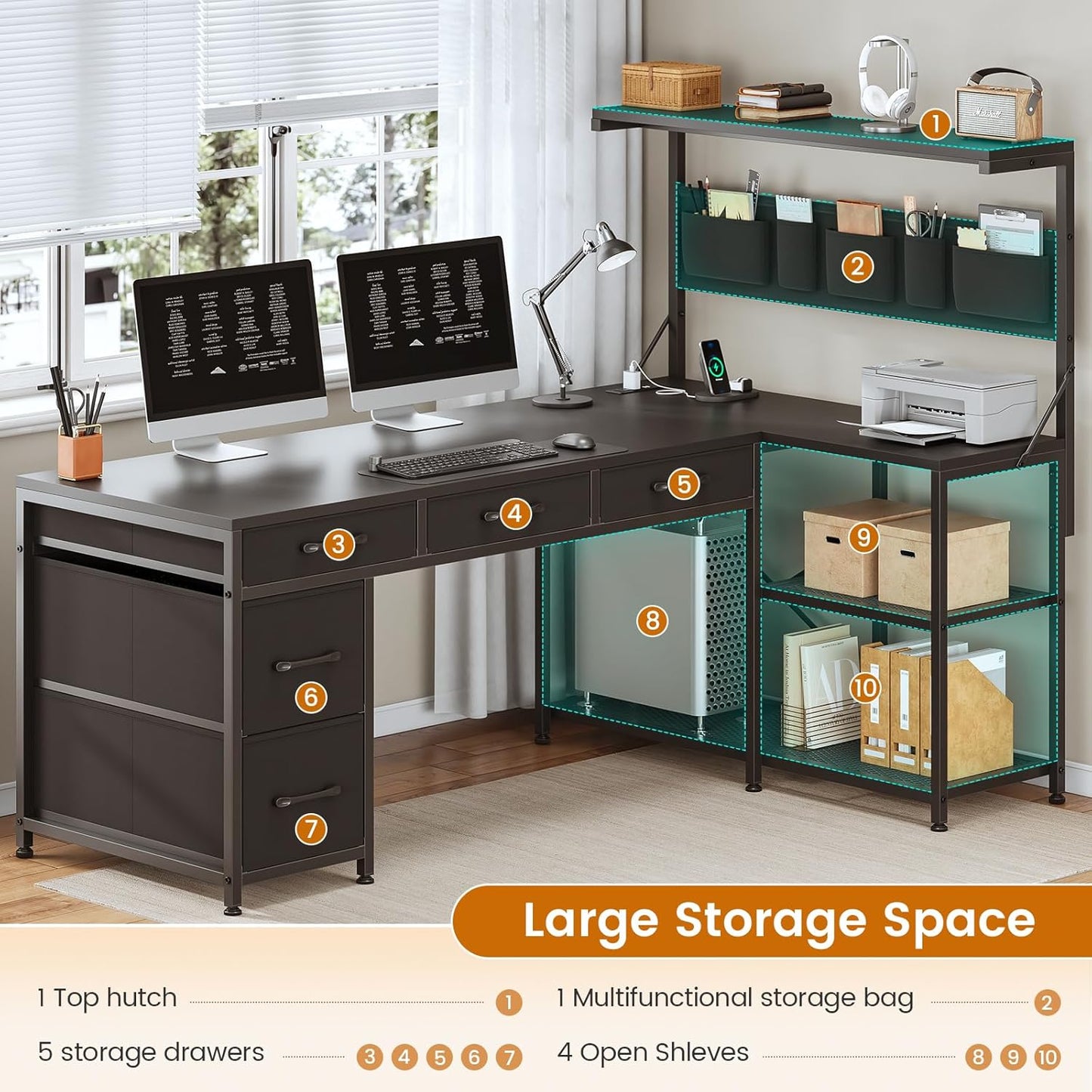 L Shaped Gaming Desk, 47.2" Reversible Small Computer Desk with 5 Drawers and Storage Shelves, Corner Gaming Desk with LED Lights and Power Outlet, Black