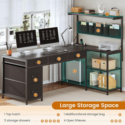 L Shaped Gaming Desk, 47.2" Reversible Small Computer Desk with 5 Drawers and Storage Shelves, Corner Gaming Desk with LED Lights and Power Outlet, Black