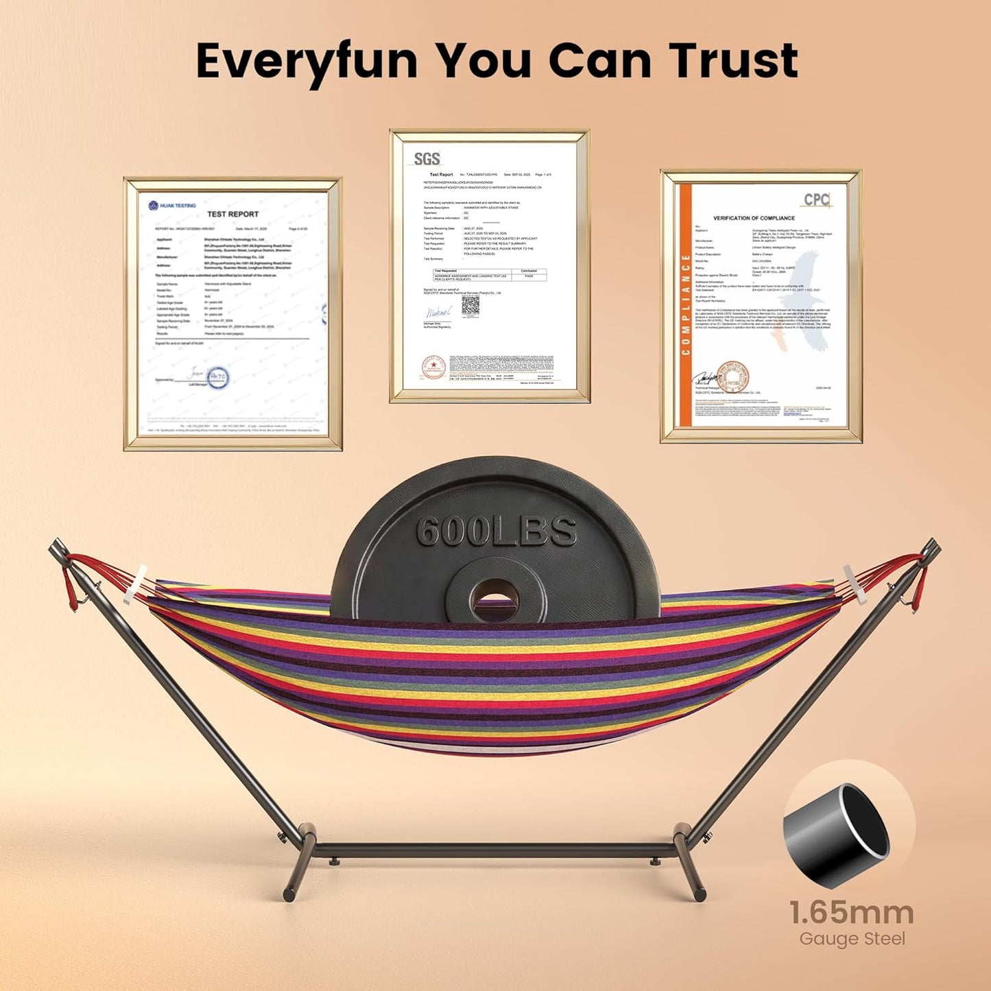 Double Hammock with Heavy-Duty Steel Stand,Portable,Easy Assembly,600Lbs Weight Capacity,Perfect for Indoor,Yard,Camping,Or Outdoor-Rainbow