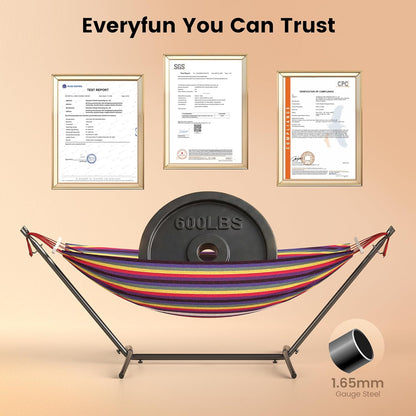 Double Hammock with Heavy-Duty Steel Stand,Portable,Easy Assembly,600Lbs Weight Capacity,Perfect for Indoor,Yard,Camping,Or Outdoor-Rainbow