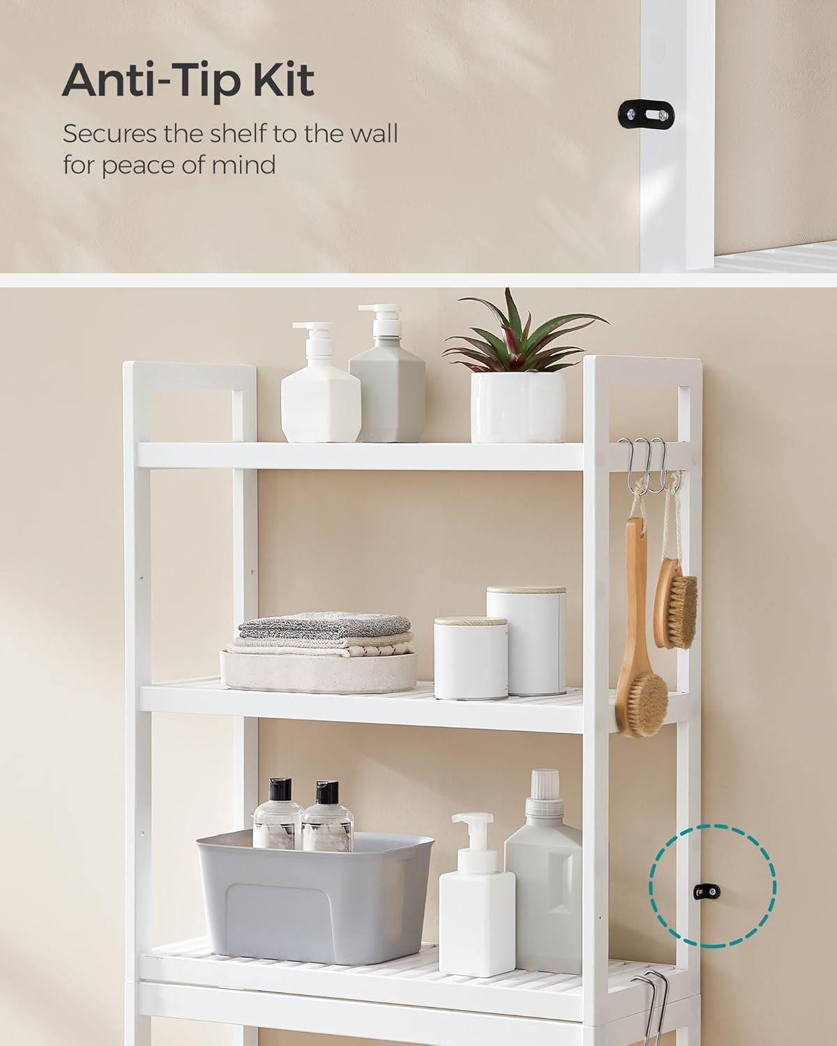 over the Toilet Storage, 3-Tier over Toilet Bathroom Organizer with Adjustable Shelf, 10.2 X 24.8 X 66.9 Inches, Space-Saving, Cloud White UBTS01WT
