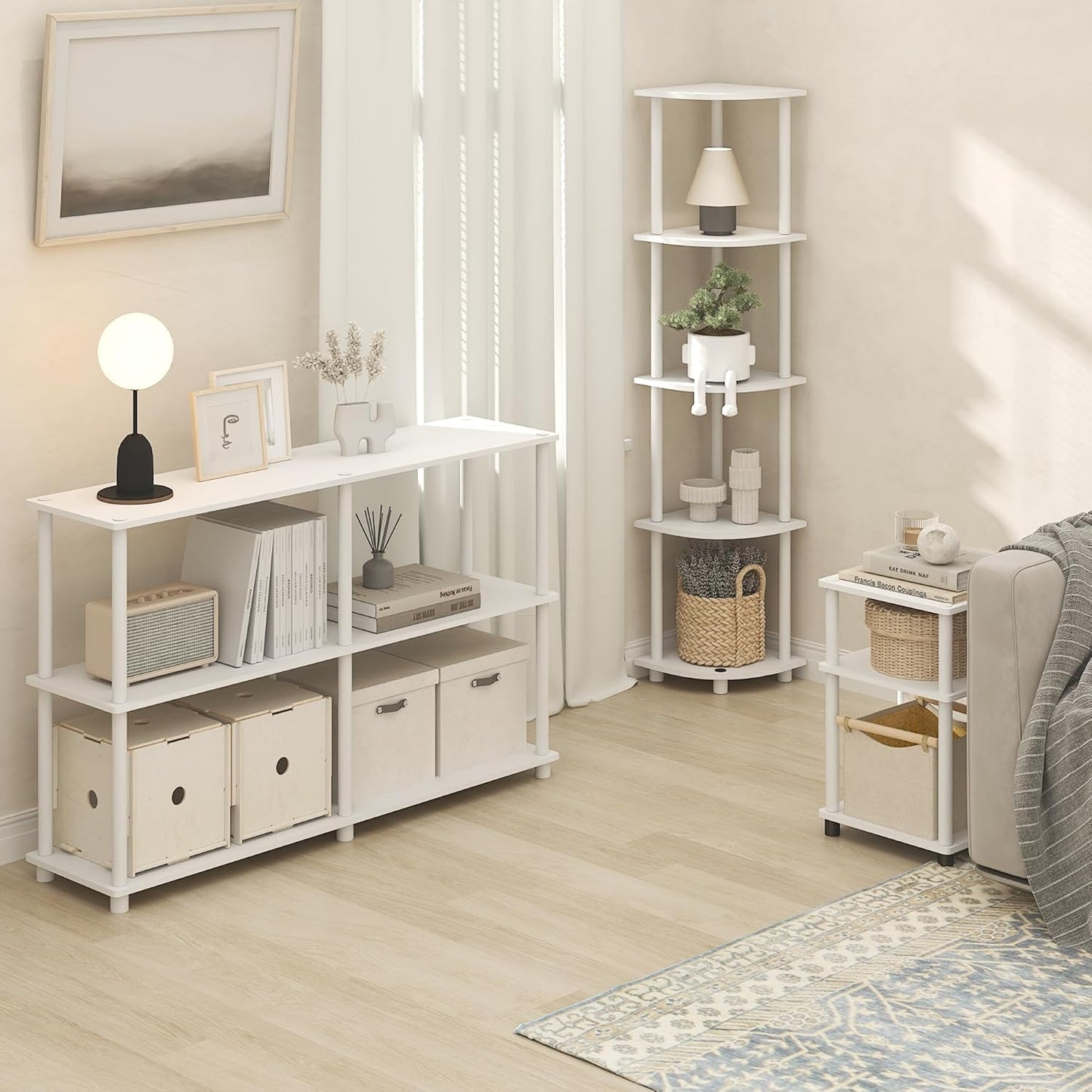 Turn-N-Tube Side Table, 3-Tier End Table, Night Stand, Bedside Table, for Living Room, Bedroom, White