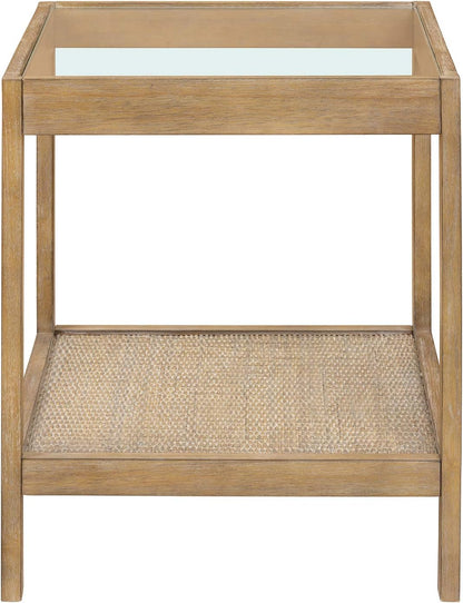 33301 Hayes Solid Wood Nightstand, Bedside, End or Side Table in Light Brown Wood Finish & Glass Top with Open Storage Shelf, 18 in X 18 in X 22 In