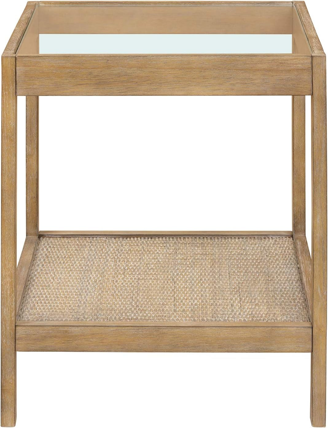 33301 Hayes Solid Wood Nightstand, Bedside, End or Side Table in Light Brown Wood Finish & Glass Top with Open Storage Shelf, 18 in X 18 in X 22 In