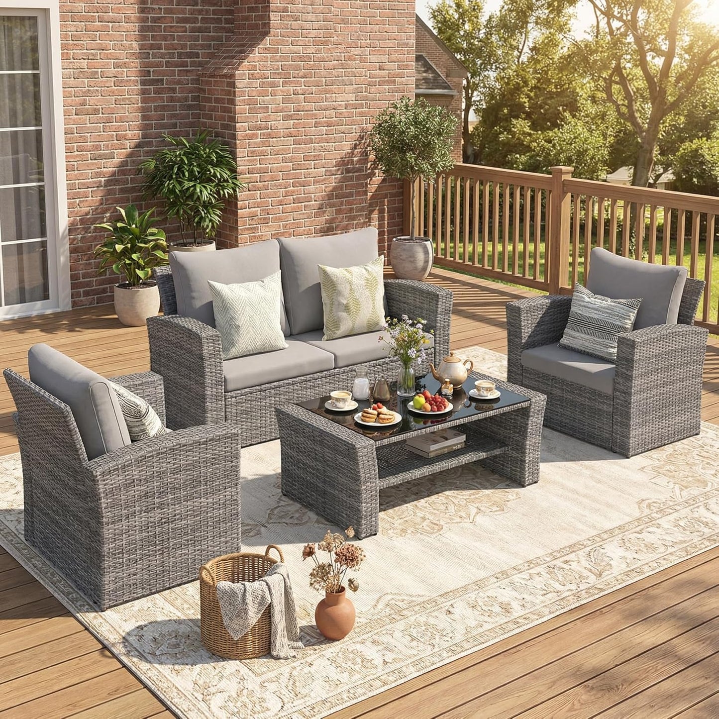 Patio Furniture Set, Wicker outside Outdoor Furniture for All Weather, Patio Sofa with High Backrest Support and Wide Armrest for Backyard, Balcony, Deck, Porch, Light Gray