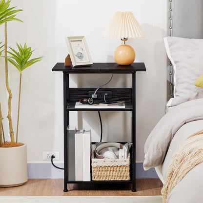 Record Player Stand with Charging Station, Large Turntable Stand with Storage Cabinet, 3 Tier End Table Hold up to 100 Albums, Record Stand for Vinyl, Living Room, Black, HETCD012BK-1