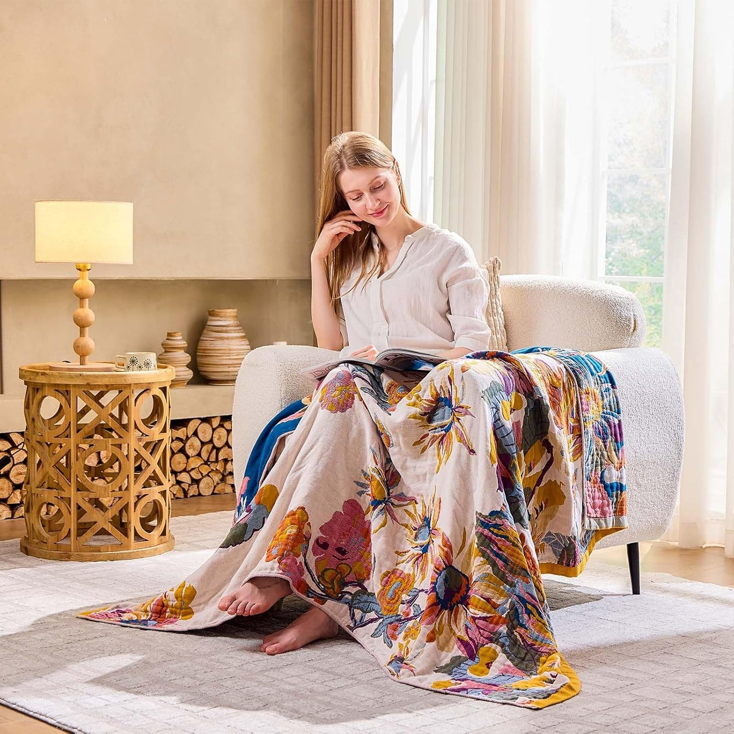 Boho Throw Blanket, 100% Cotton Ultra Soft Luxury Throw Rustic Quilt, 50"X60" Floral Bird Butterfly Farmhouse Decor Bed Blankets, All Season Rustic Reversible Bohemian Throw for Bed - Yellow