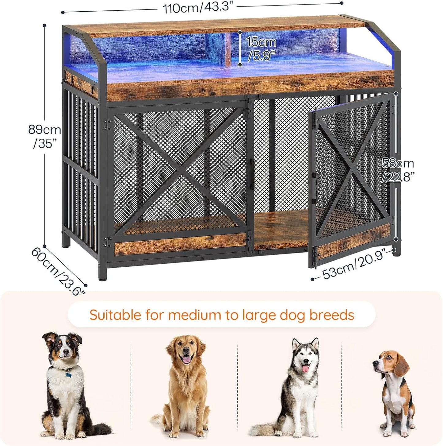 43.3" Dog Crate Furniture, Heavy Duty Dog Kennel Indoor with Storage Shelves, Wooden Dog Cage with LED Lights, for XL Large Dogs Breed, Rustic Brown and Black BF89DGW03