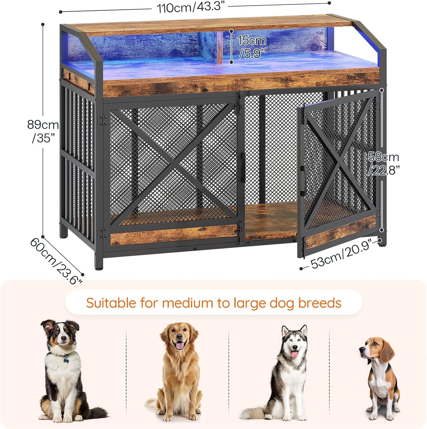 43.3" Dog Crate Furniture, Heavy Duty Dog Kennel Indoor with Storage Shelves, Wooden Dog Cage with LED Lights, for XL Large Dogs Breed, Rustic Brown and Black BF89DGW03