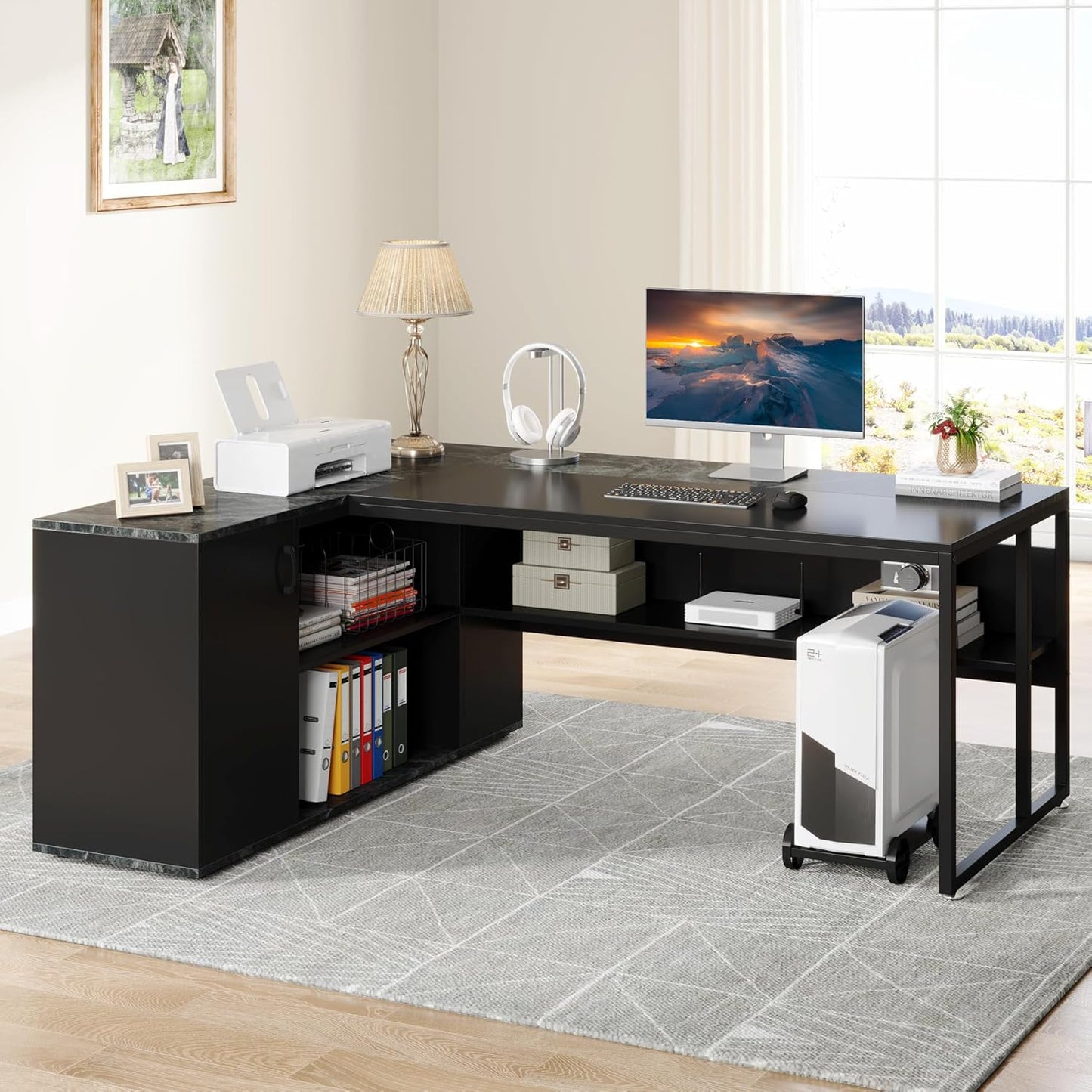 71 Inch Executive Desk, L Shaped Desk with Cabinet Storage, Executive Office Desk with Shelves, Business Furniture Set Workstation for Home Office, Black