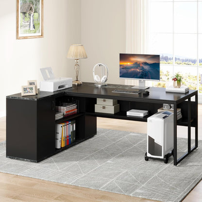 71 Inch Executive Desk, L Shaped Desk with Cabinet Storage, Executive Office Desk with Shelves, Business Furniture Set Workstation for Home Office, Black