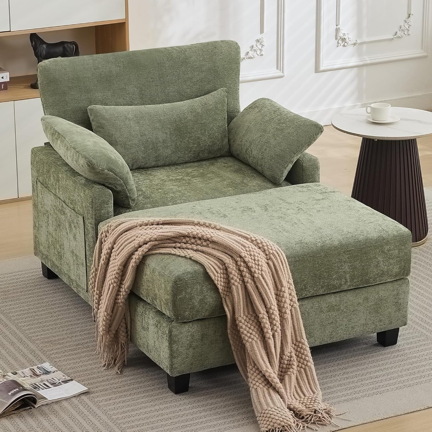 57.5" Oversized Chaise Lounge with Ottoman Indoor, Oversized Reading Chair with Ottoman & Sofa Bed, Green Chenille Upholstered Comfy Sleeper Chair for Living Room, Bedroom, Office