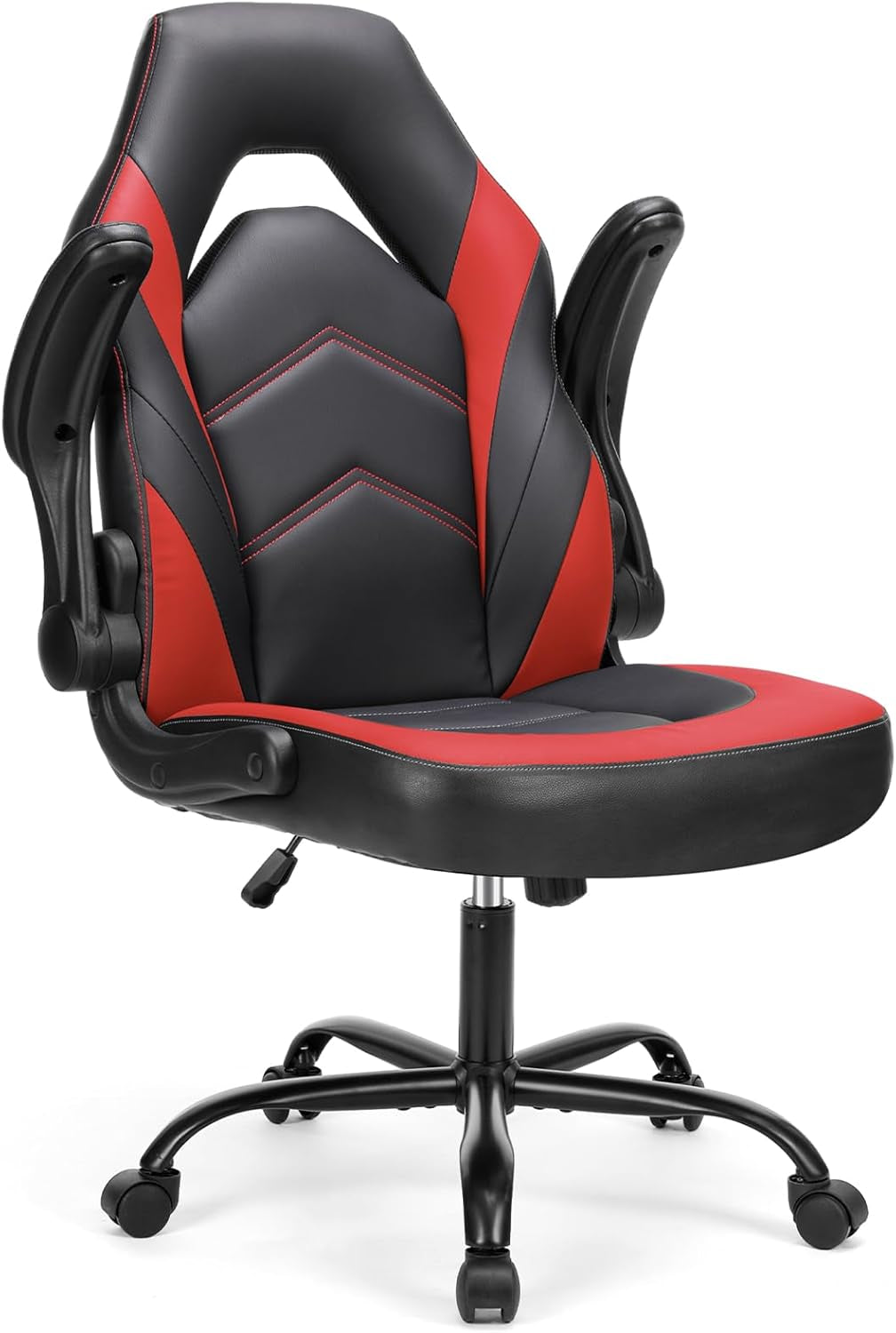 Computer Gaming Chair - PU Leather Ergonomic Lumbar Support with Flip-Up Armrest and 360° Swivel Wheels, Height Adjustable Task Home Office Desk Video Racing, Red