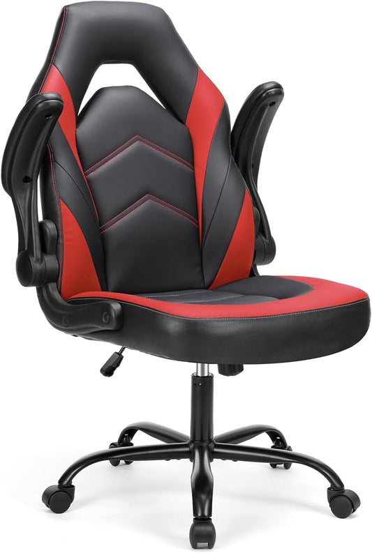 Computer Gaming Chair - PU Leather Ergonomic Lumbar Support with Flip-Up Armrest and 360° Swivel Wheels, Height Adjustable Task Home Office Desk Video Racing, Red