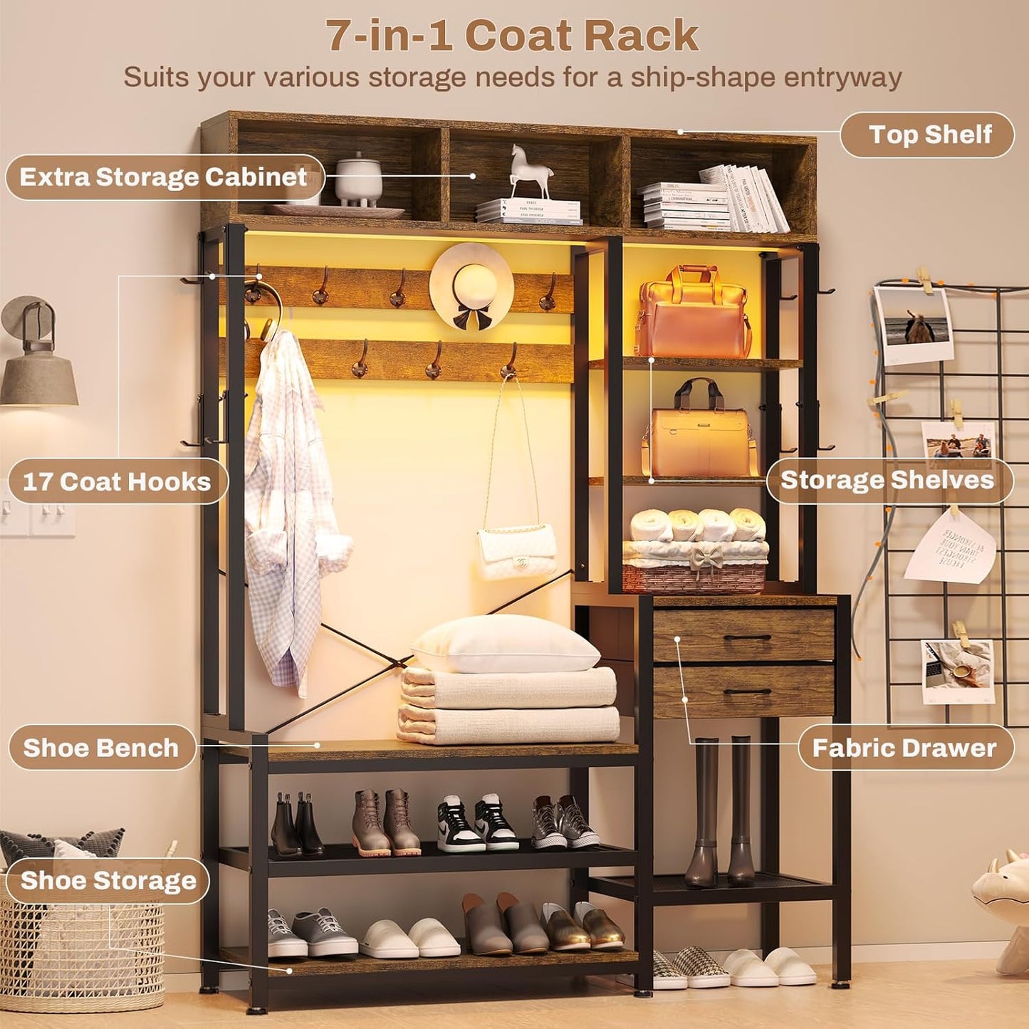 Hall Tree with Bench and Shoe Storage, 7-In-1 Entryway Bench with Coat Rack, 3 Storage Cubbies, 3 Open Shelves, 17 Coat Hooks, 2 Fabric Drawers (Rustic Brown)