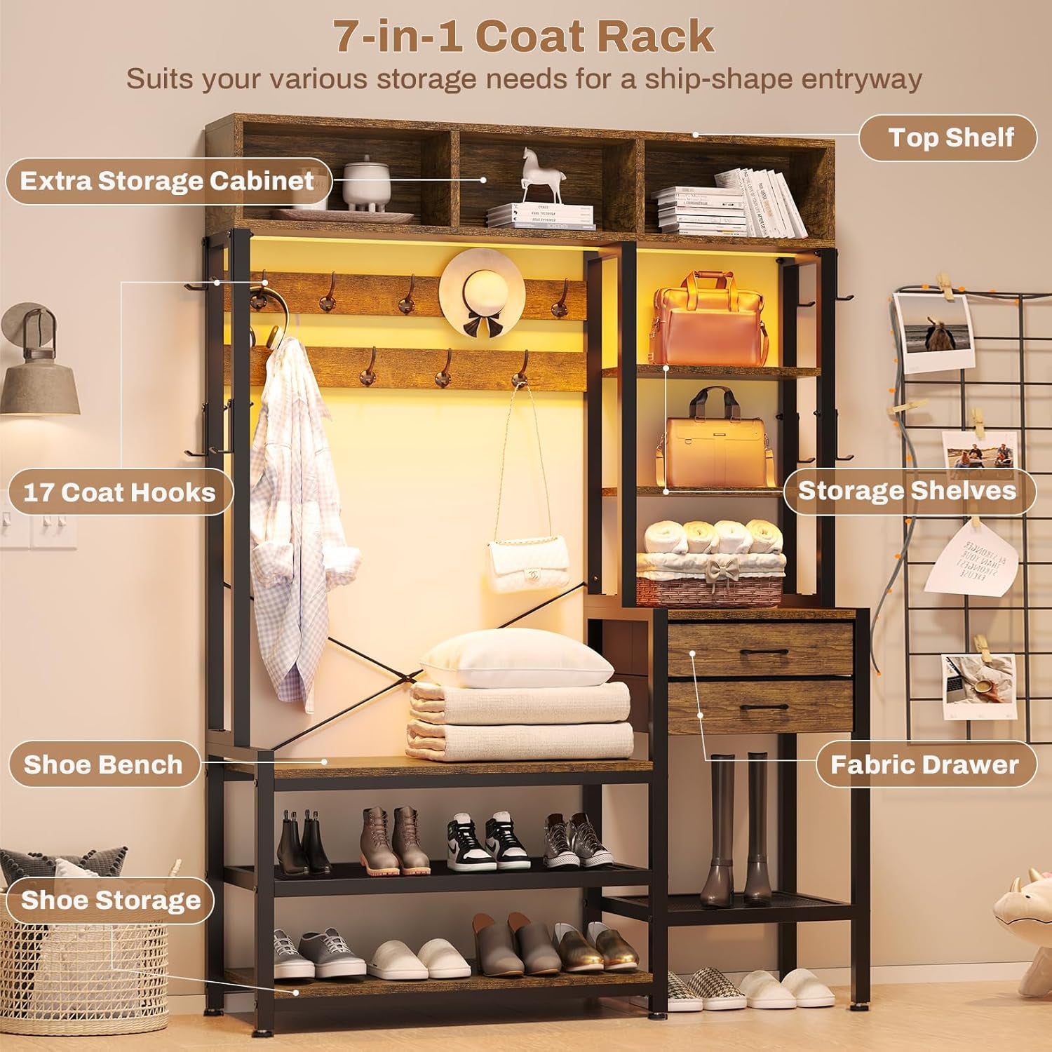 Hall Tree with Bench and Shoe Storage, 7-In-1 Entryway Bench with Coat Rack, 3 Storage Cubbies, 3 Open Shelves, 17 Coat Hooks, 2 Fabric Drawers (Rustic Brown)