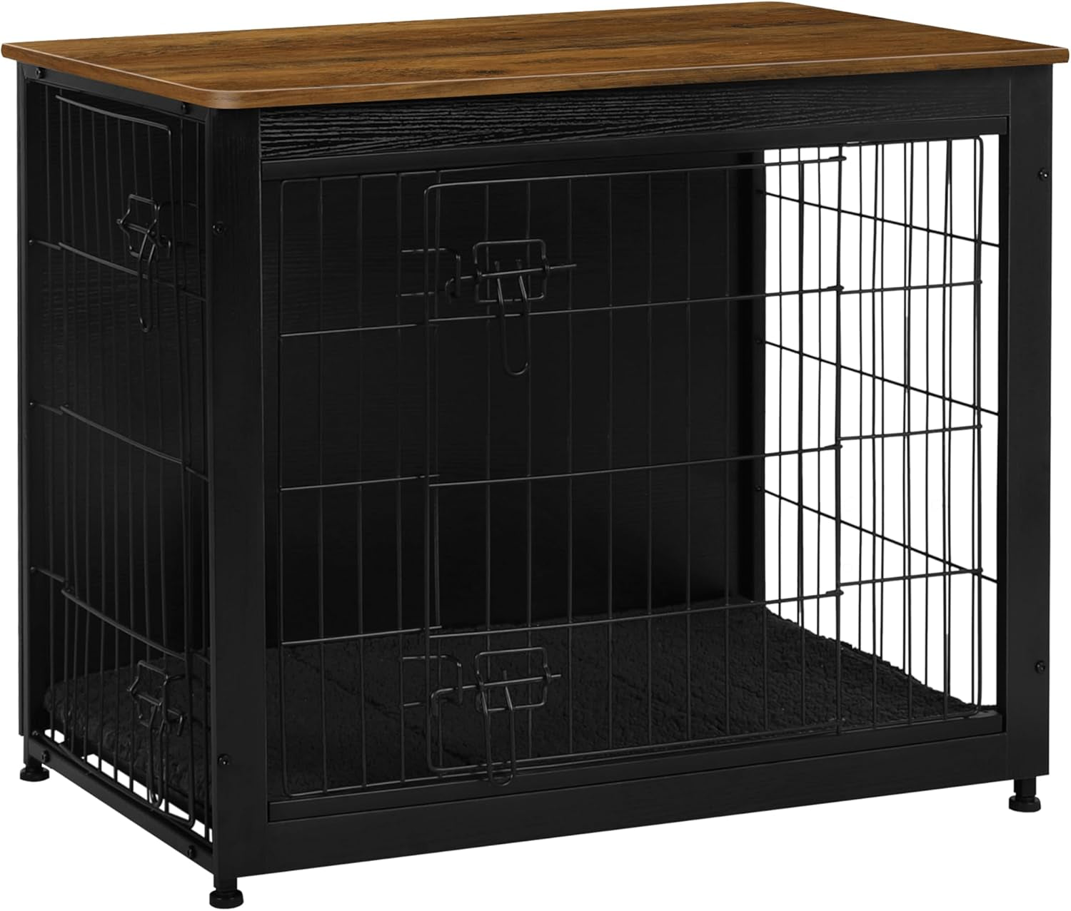 Dog Crate Furniture with Cushion, Wooden Kennel Table with Double Doors, Indoor Dog House, Medium Size, 32.5" L, Black+Warm Brown