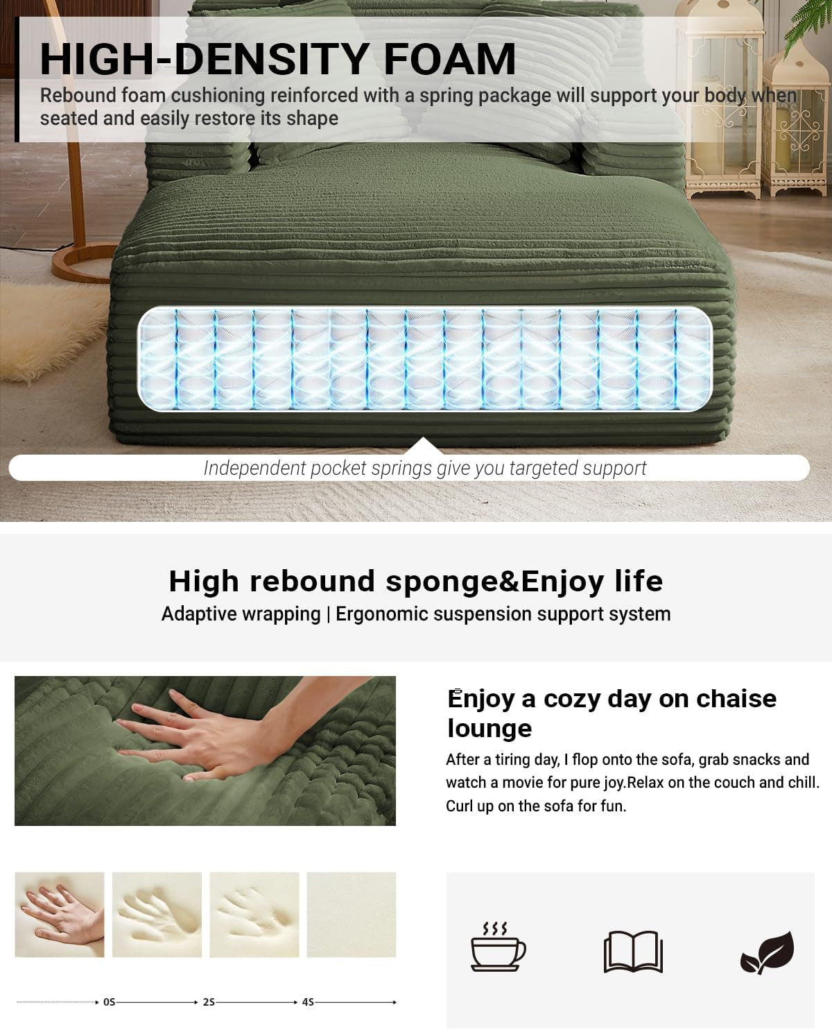 67 Inch Chaise Lounge Chair Indoor, Oversized Corduroy Upholstered Boneless Sofa Bed, Deep Seat Sleeper Couch Reading Chairs, Cloud Sofas Couches for Living Room, No Assembly Required (Olive Green)