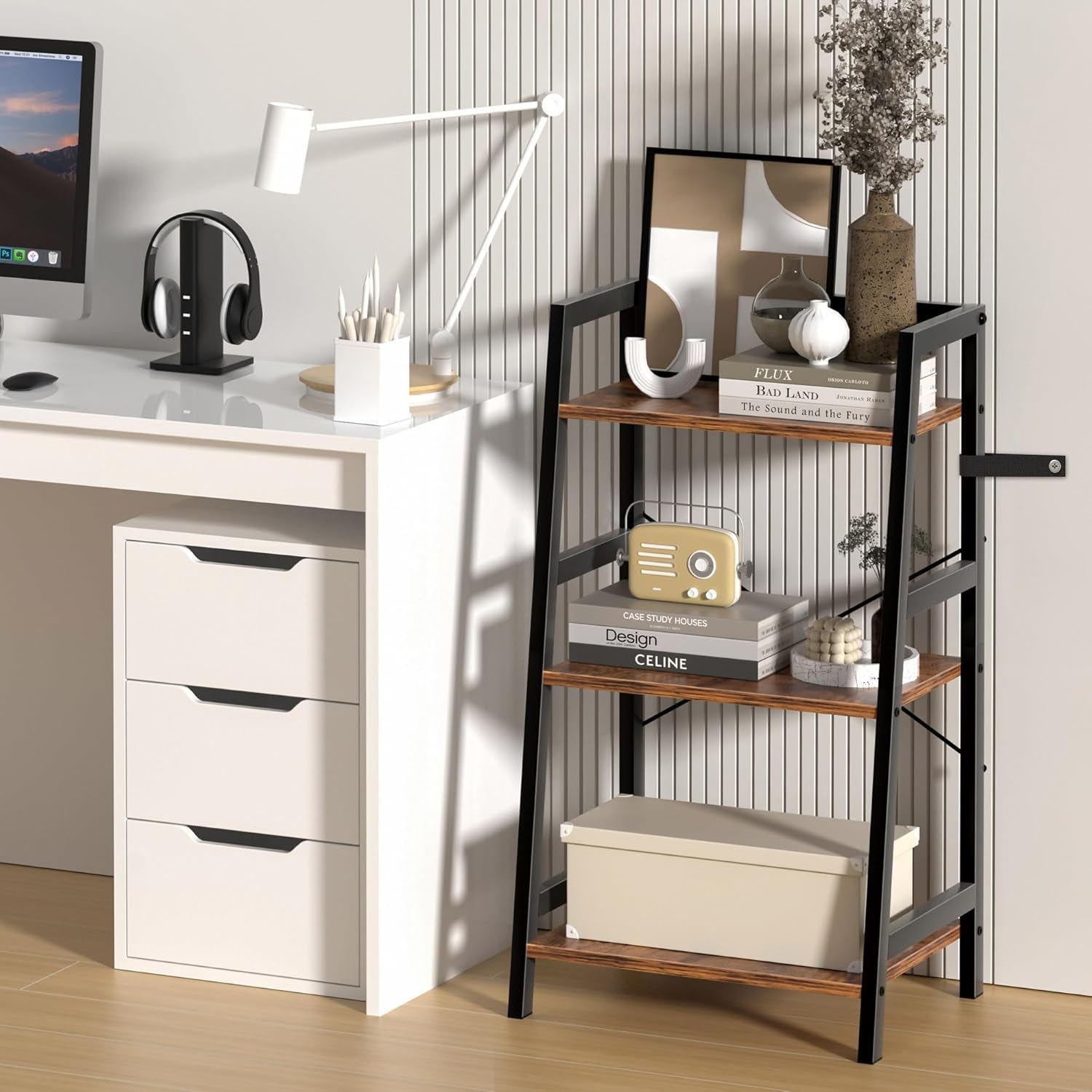 3-Tier Bookshelf, Ladder Shelf for Small Spaces, Industrial Short Bookshelf, Small Bookcase for Living Room, Bedroom, Home Office, Kitchen, 11.8 "D X 16.5" W X 31.3 "H, Rustic Brown