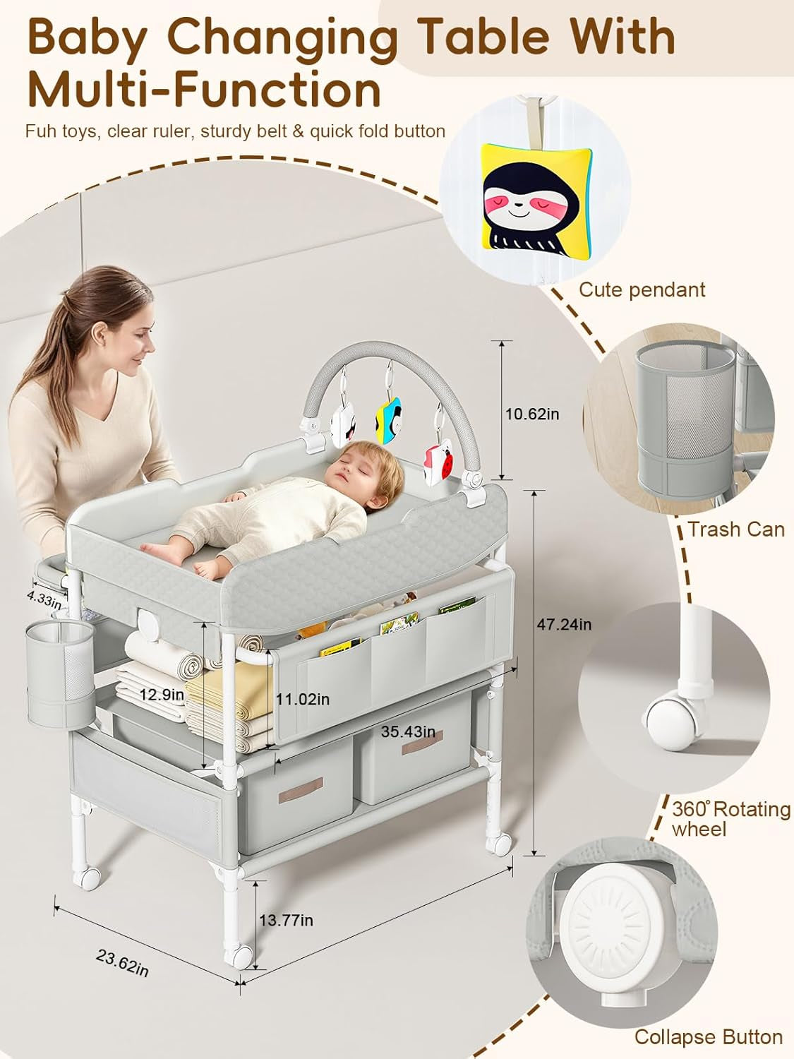Baby Changing Table with Drawers, Waterproof Versatile Folding Diaper Changing Station with Storage, Adjustable Height, Portable Diaper Chang Ing Station, Mobile Nursery for Infant and Newborn