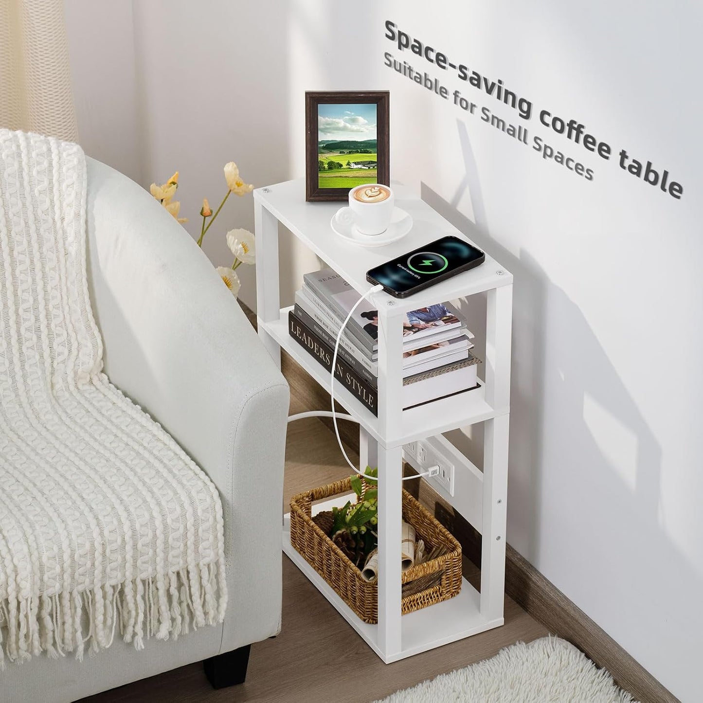 3-Tier Small Narrow Wood Side Table with Charging Station, Skinny Nightstand for Small Space, Slim Bedside Table with Storage for Couch, Thin End Table with USB Ports and Outlets, White