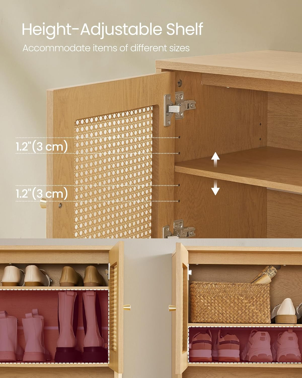 Natural Rattan 3-Tier Shoe Cabinet, 16 Pair Shoe Storage Cabinet, Boho Style Shoe Organizer with Height-Adjustable Shelves and Steel Legs, for Entryway, Closet, Hallway, Oak Beige ULBC049N01
