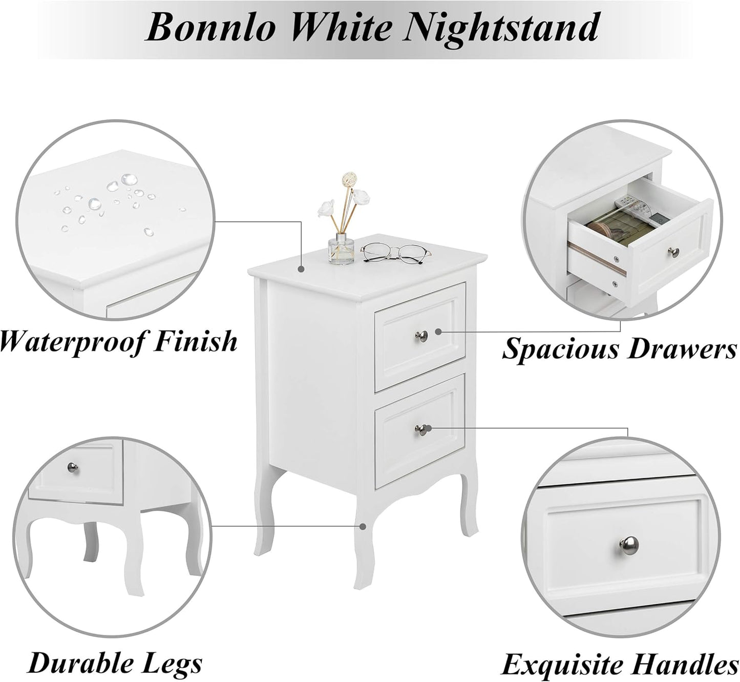 White Nightstand Set of 2, Nightstands with 2 Drawers, Bed Side Table/Night Stand, Small Nightstand for Bedroom, Small Spaces, College Dorm, Kids’ Room, Living Room, Wood, 16W X 12D X 24H