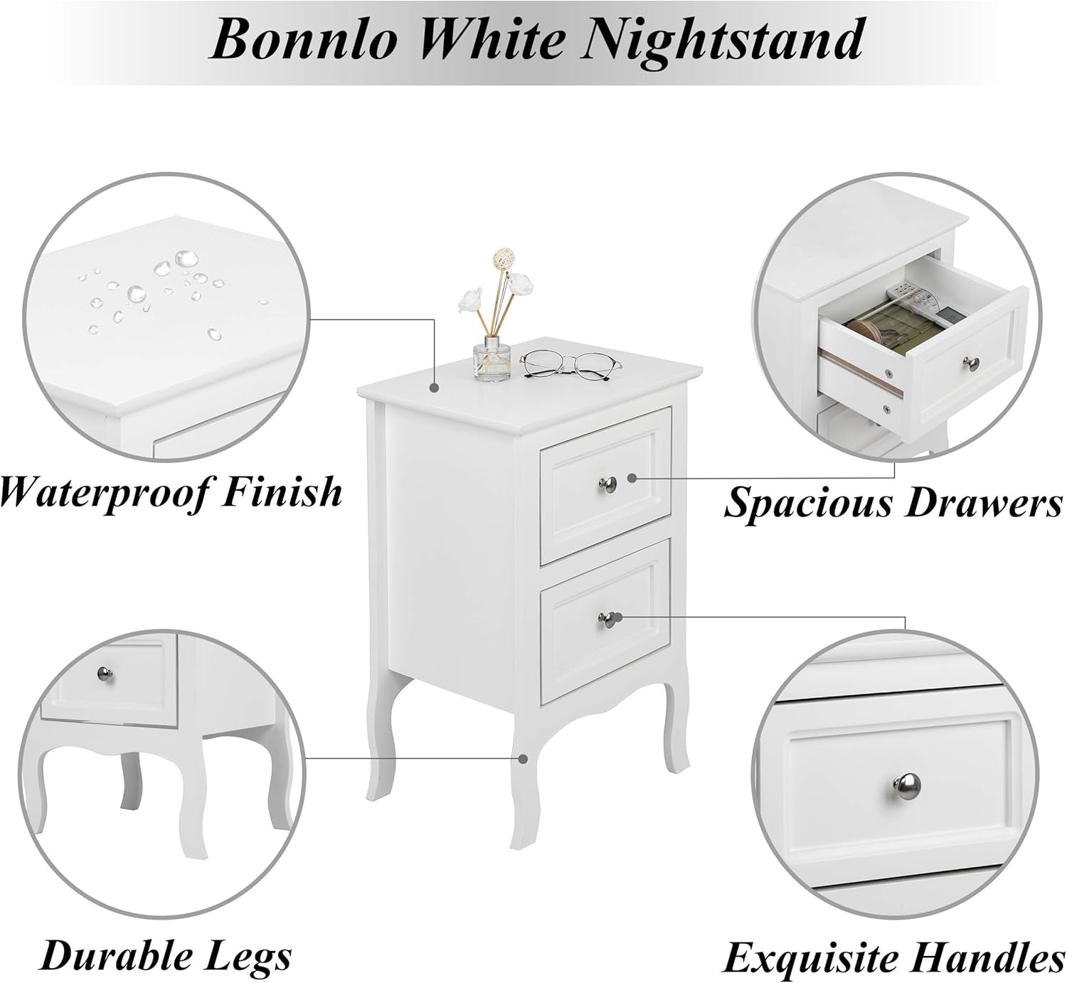White Nightstand Set of 2, Nightstands with 2 Drawers, Bed Side Table/Night Stand, Small Nightstand for Bedroom, Small Spaces, College Dorm, Kids’ Room, Living Room, Wood, 16W X 12D X 24H
