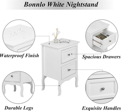 White Nightstand Set of 2, Nightstands with 2 Drawers, Bed Side Table/Night Stand, Small Nightstand for Bedroom, Small Spaces, College Dorm, Kids’ Room, Living Room, Wood, 16W X 12D X 24H