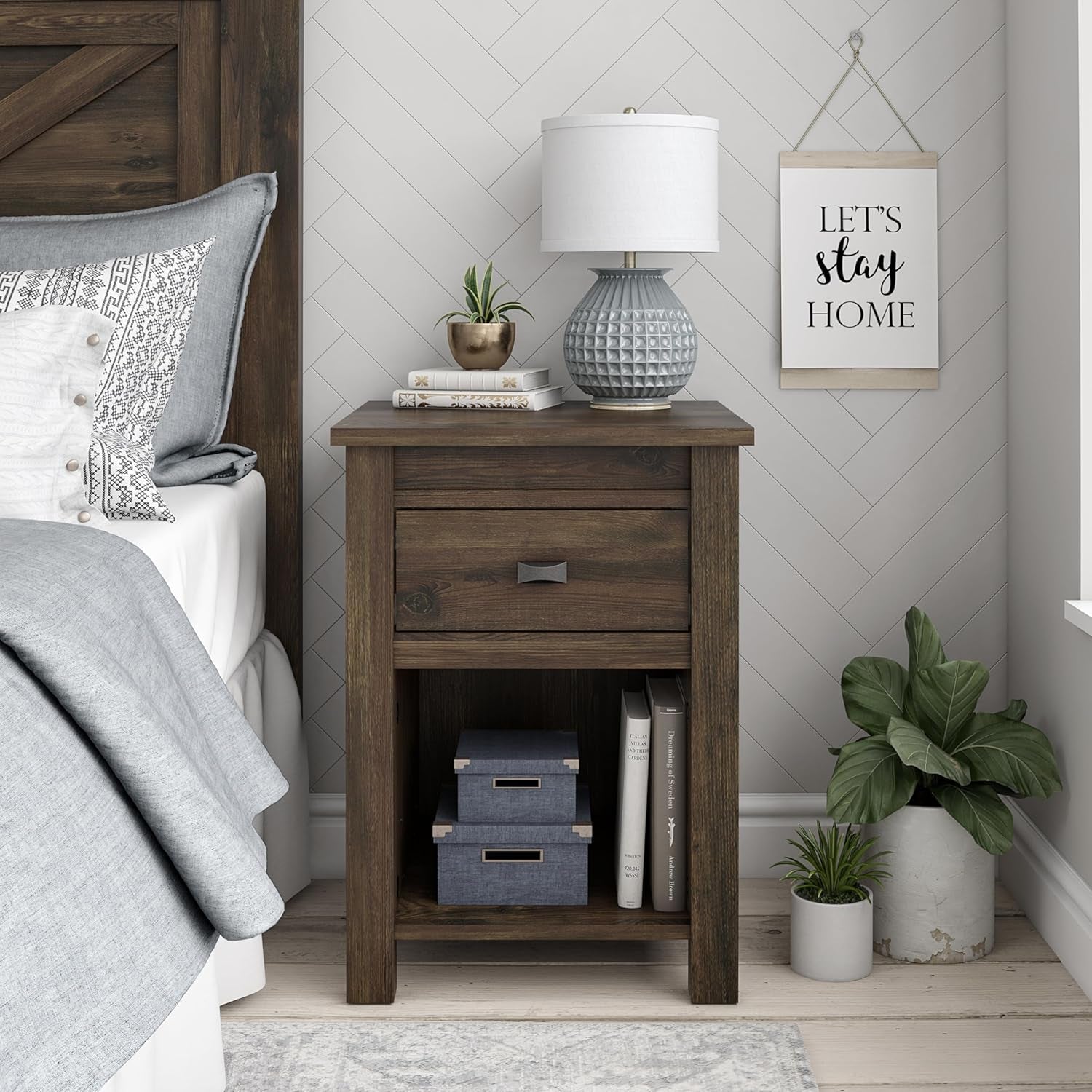 Farmington Country Style Nightstand with Barn Door Design, Concealed Drawer and Open Cubby, Textured Weathered Medium Brown Finish