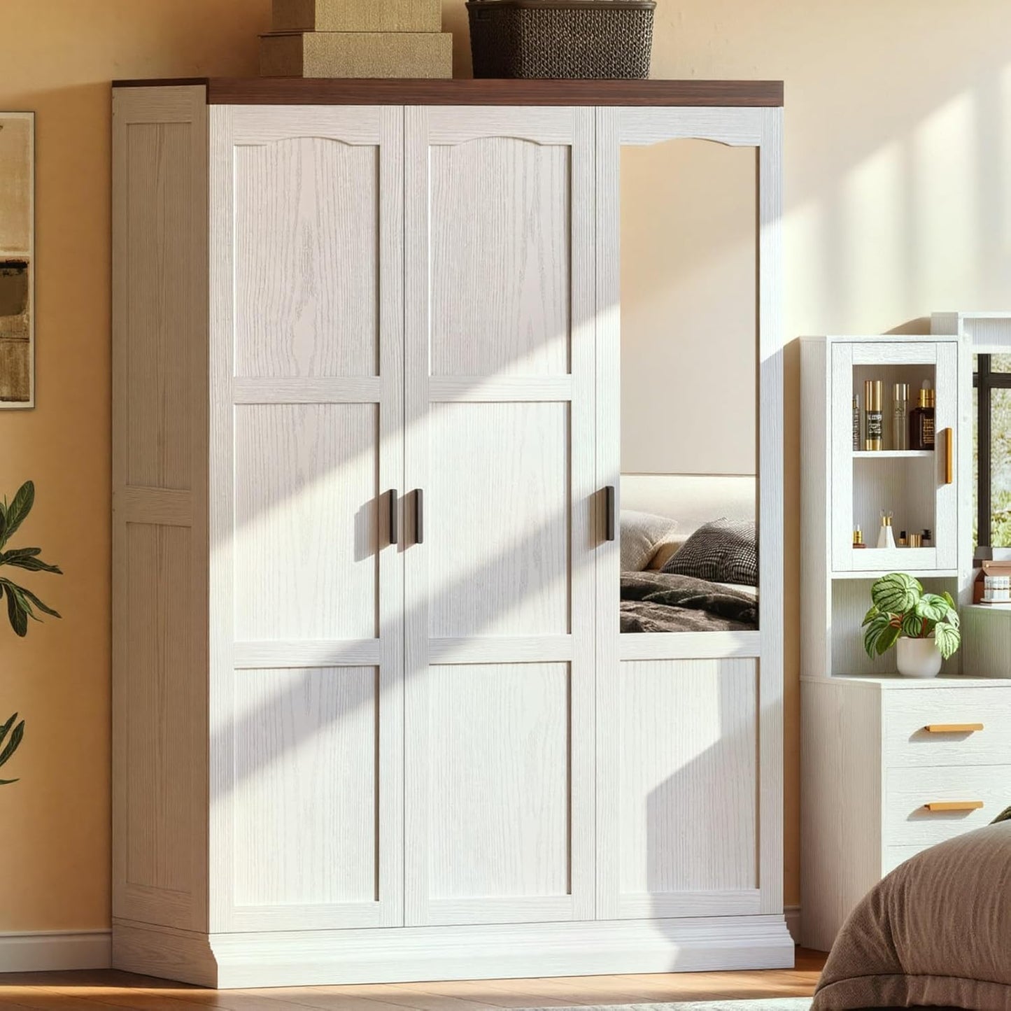3 Door Armoire Wardrobe Closet with Mirror, Large Wardrobe Closet with Doors, White Armoire for Bedroom with Hanging Rods & Shelves for Long Clothing, Short Clothing and Stacking, Modern