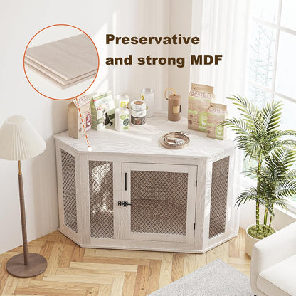 Corner Dog Crate Furniture,52 Inch Decorative Pet Crate with Metal Mesh,Wooden Dog Kennel Indoor Use for Small Medium Dogs,Dog House TV Stand,Perfect for Limited Room,White
