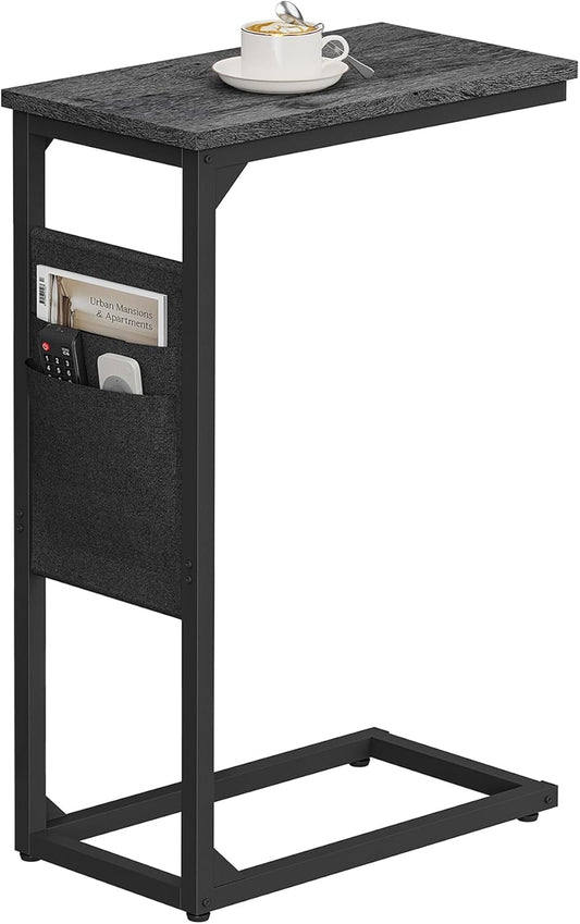 C Shaped End Table, Side Table for Couch, Sofa Table with Storage Bag, TV Tray for Living Room, Bedroom, Charcoal Grey TB01BY082