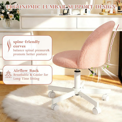 Pink Vanity Chair with Wheels - Swivel Makeup Chair Small Computer Chair with Back Adjustable Height Desk Chair for Girl & Woman, Cozy Fuzzy Velvet Chair for Bedroom & Home Office