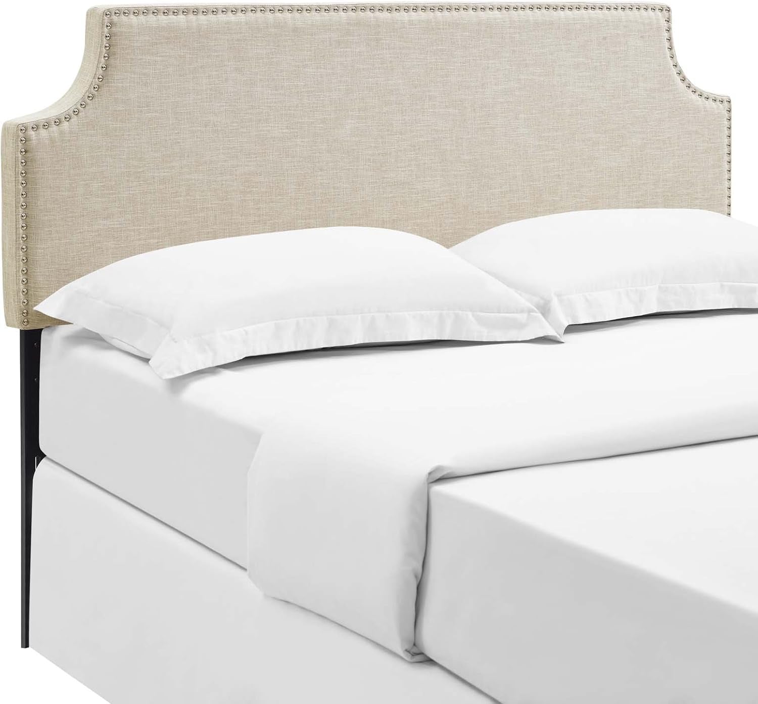Laura Linen Fabric Upholstered Queen Size Headboard with Nailhead Trim in Beige