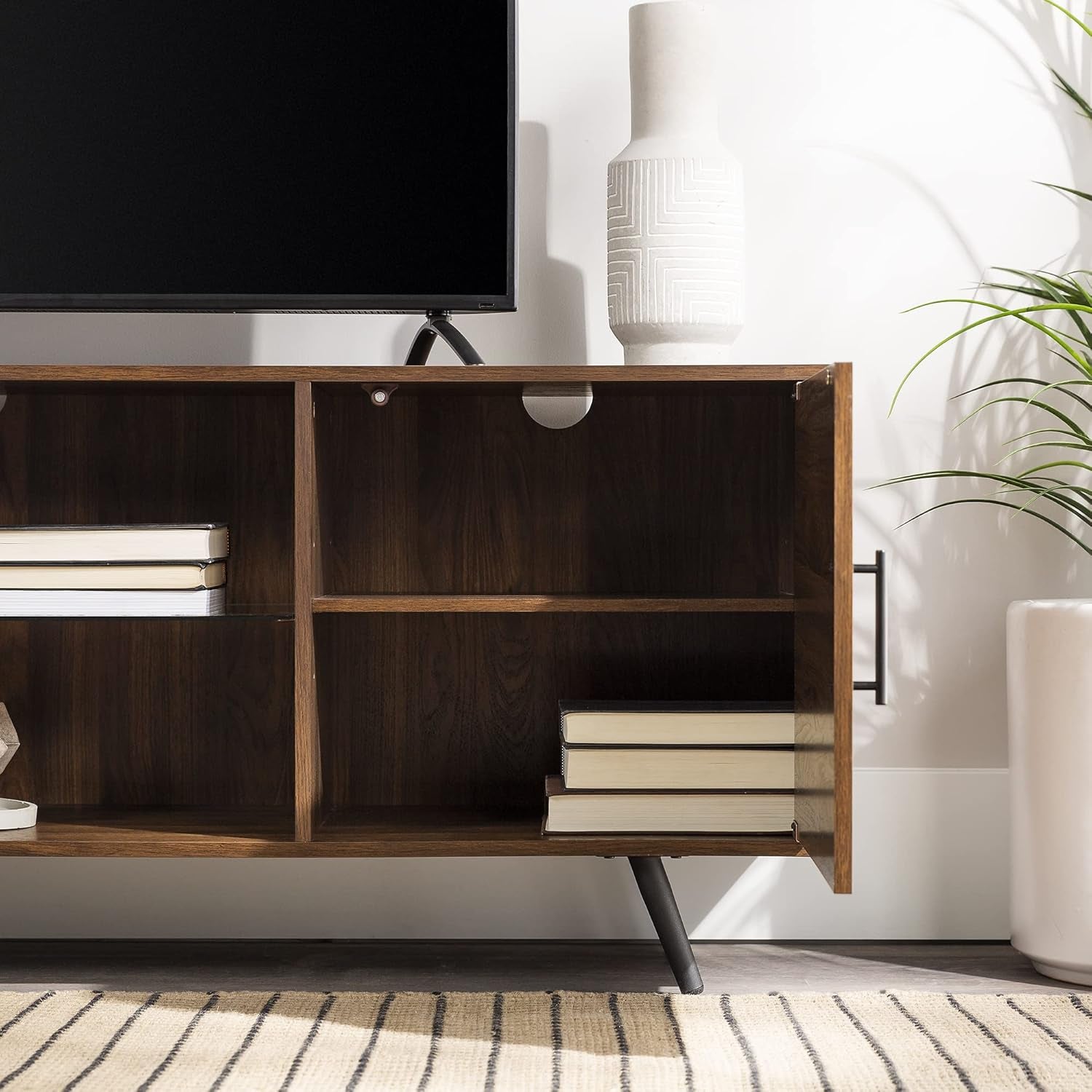 Saxon Mid Century Modern 2 Door Glass Shelf TV Stand for Tvs up to 80 Inches, 70 Inch, Dark Walnut