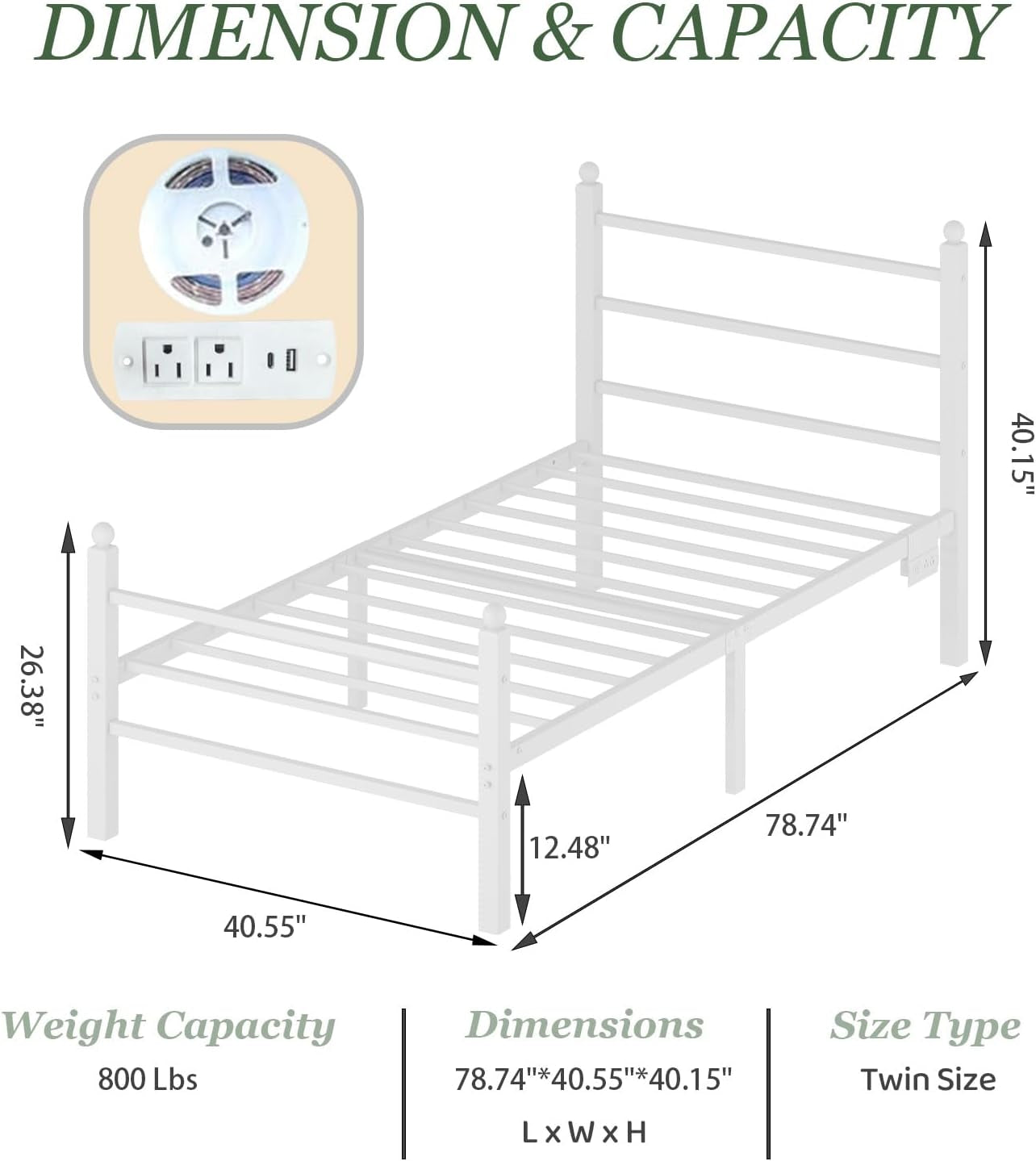 Twin Size Bed Frames with Charging Ports&Led Lights,Heavy Duty Metal Slats Support,No Box Spring Needed,Noise Free,No Squeak,Easy Assembly,For Girls Kids,White