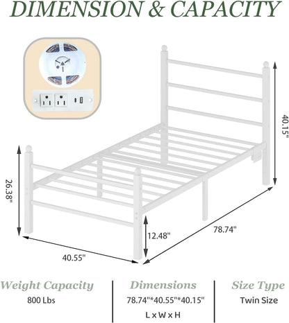 Twin Size Bed Frames with Charging Ports&Led Lights,Heavy Duty Metal Slats Support,No Box Spring Needed,Noise Free,No Squeak,Easy Assembly,For Girls Kids,White